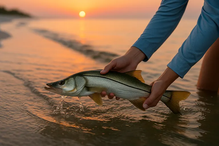 Siesta sunset snook release near the beach trough